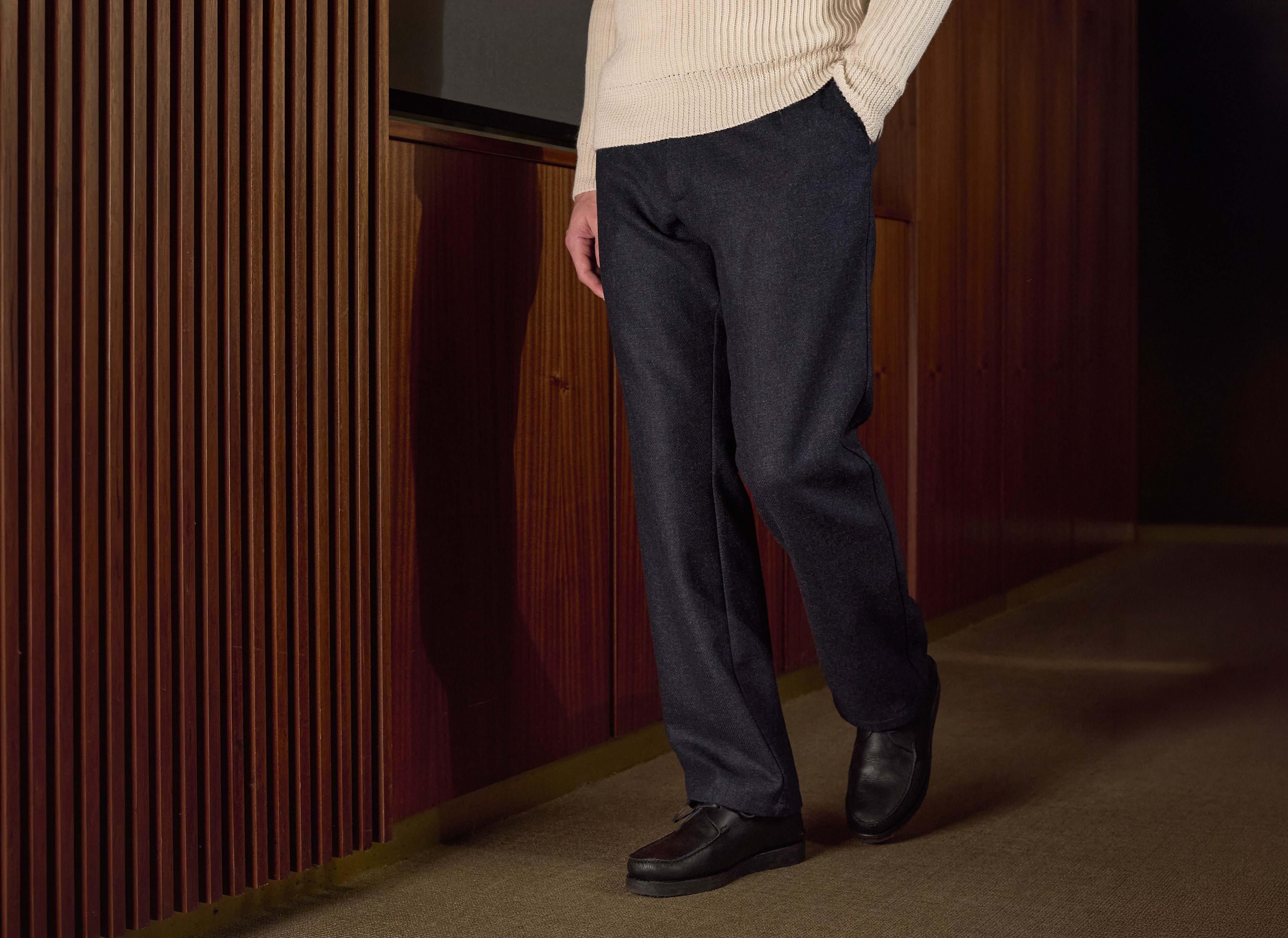 Long dark blue lambswool trousers for men from About Companions